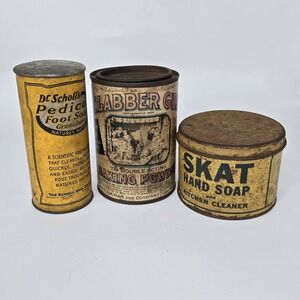 Antique Advertising Tins Lot 3 1915 Dr Scholls Foot Soap SKAT Soap Baking Powder